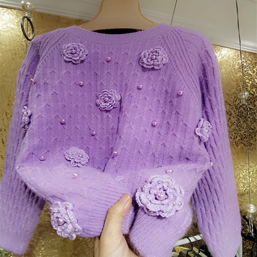 High-end heavy industry wool knitted purple flower twist loose sweater beaded thick warm top pullovers