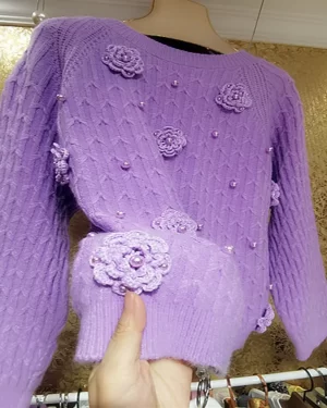 High-end heavy industry wool knitted purple flower twist loose sweater beaded thick warm top pullovers