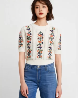 2024 Autumn New Heavy Industry Hook Flower Embroidery Knitted Sweater Versatile Bubble Sleeve Round Neck Women’s Sweater Top