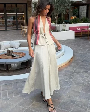 Elegant Printed Vest Skirts Sets Women 2 Pieces Hanging Neck Collar Backless Lace Up Tank Top Long Skirt 2024 Summer Holiday Set