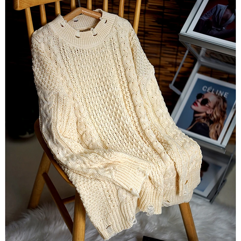 2024 New Autumn Hollow Lazy Style Sweater Loose Hole Long O-Neck Sweater Women’s Pullover Sweater Long Sleeve Jumpers Top Female