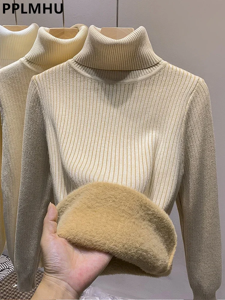 Women Winter Slim Casual Warm Pullover Tops Thicken Plush Velvet Lined Knit Sweater New Turtleneck Long Sleeve Knitwear Jumper