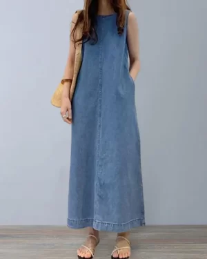 Femme Fashion Casual Loose Long Maxi Sundress Pleated Denim Vestido Sleeveless Robe Women Summer A Line Dress Overszie