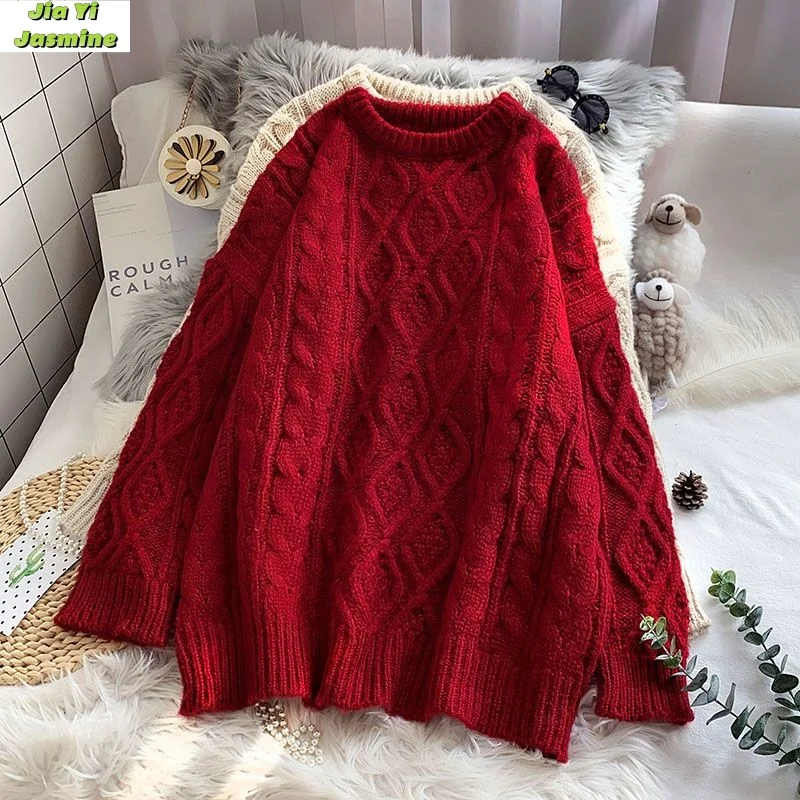 Autumn and Winter Korean Version Loose Medium Length Diamond Fried Dough Twists Thickened Student Knitting Lazy Style Sweater