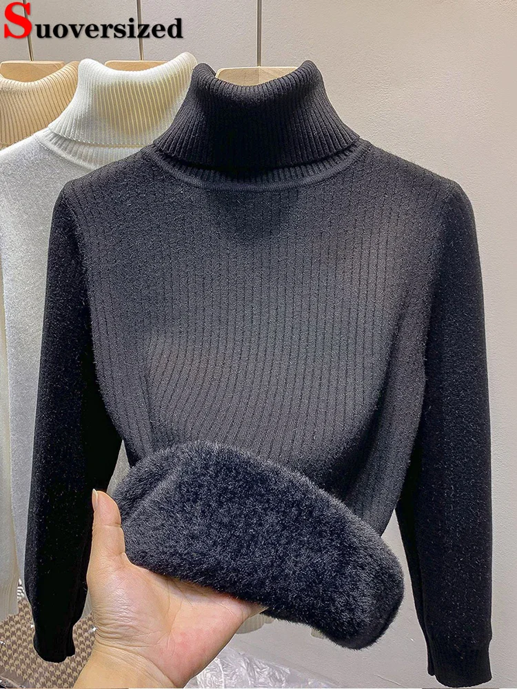 Women Winter Slim Casual Warm Pullover Tops Thicken Plush Velvet Lined Knit Sweater New Turtleneck Long Sleeve Knitwear Jumper