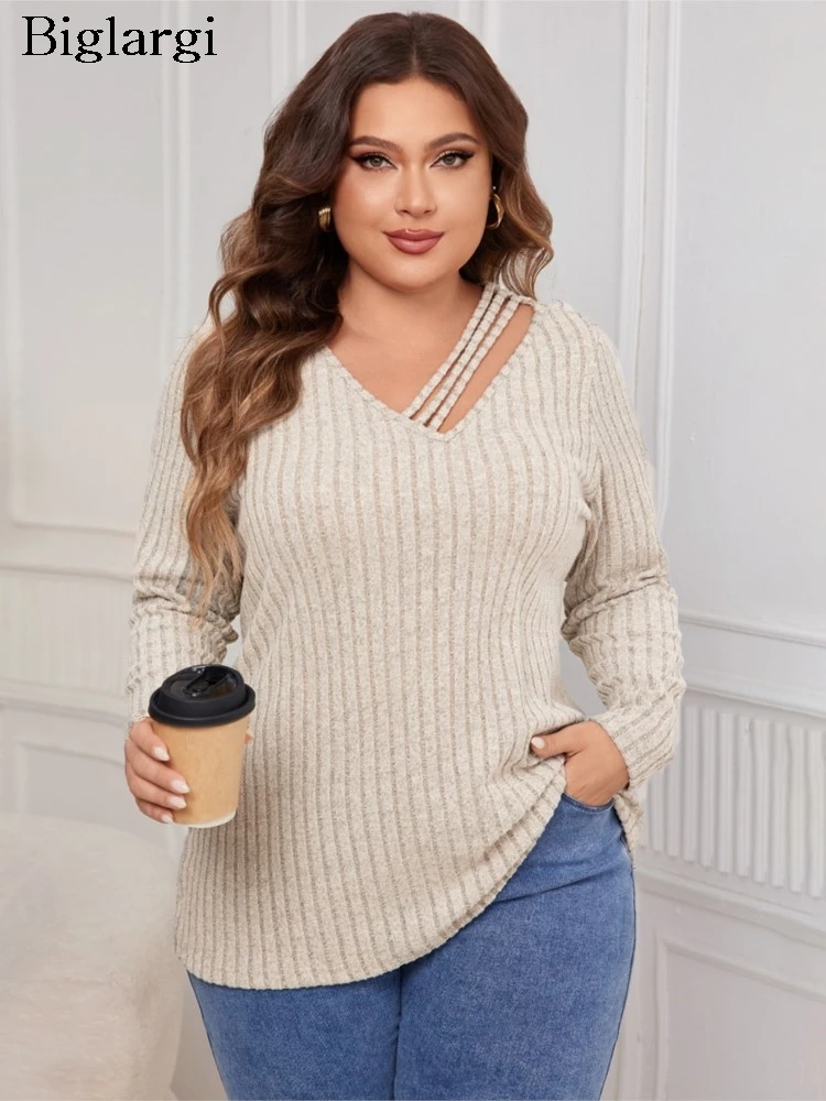 Plus Size Knitted Pullover Autumn Sweater Women Irregular V-Neck Fashion Slim Ladies Sweaters Long Sleeve Woman Sweaters Tops