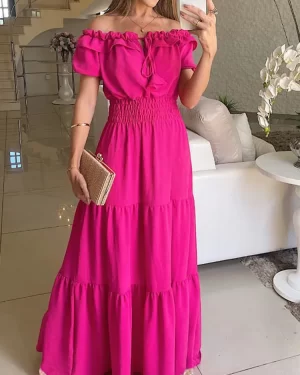 2024 Summer Solid Boho Dress Women Fashion Elegant Beach Party Dress Casual Slash Neck Office Maxi Dresses For Woman Robe Femme